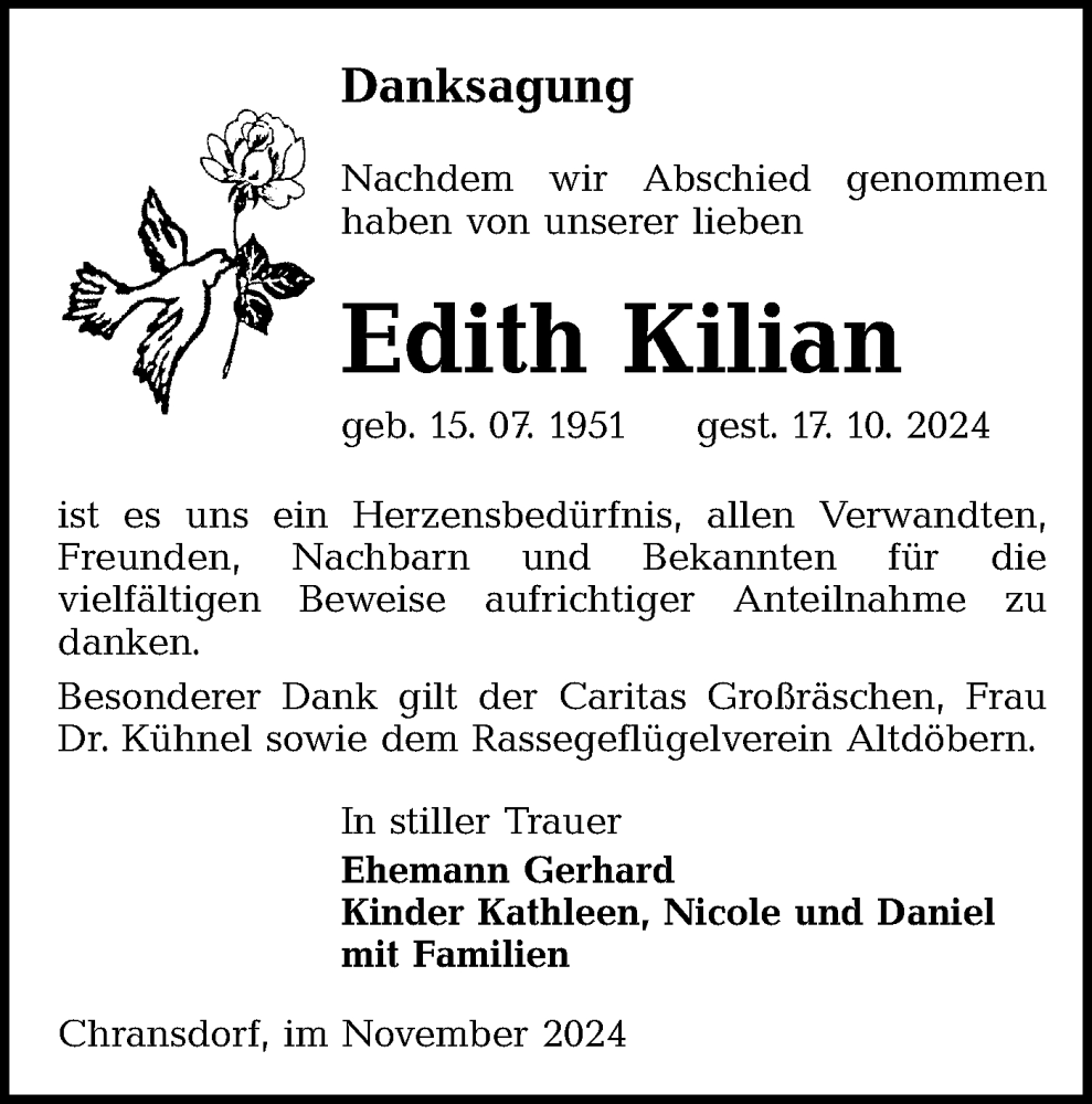  Traueranzeige für Edith Kilian vom 16.11.2024 aus Lausitzer Rundschau