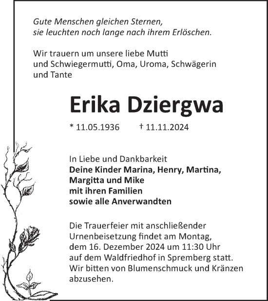 Traueranzeige von Erika Dziergwa von Lausitzer Rundschau