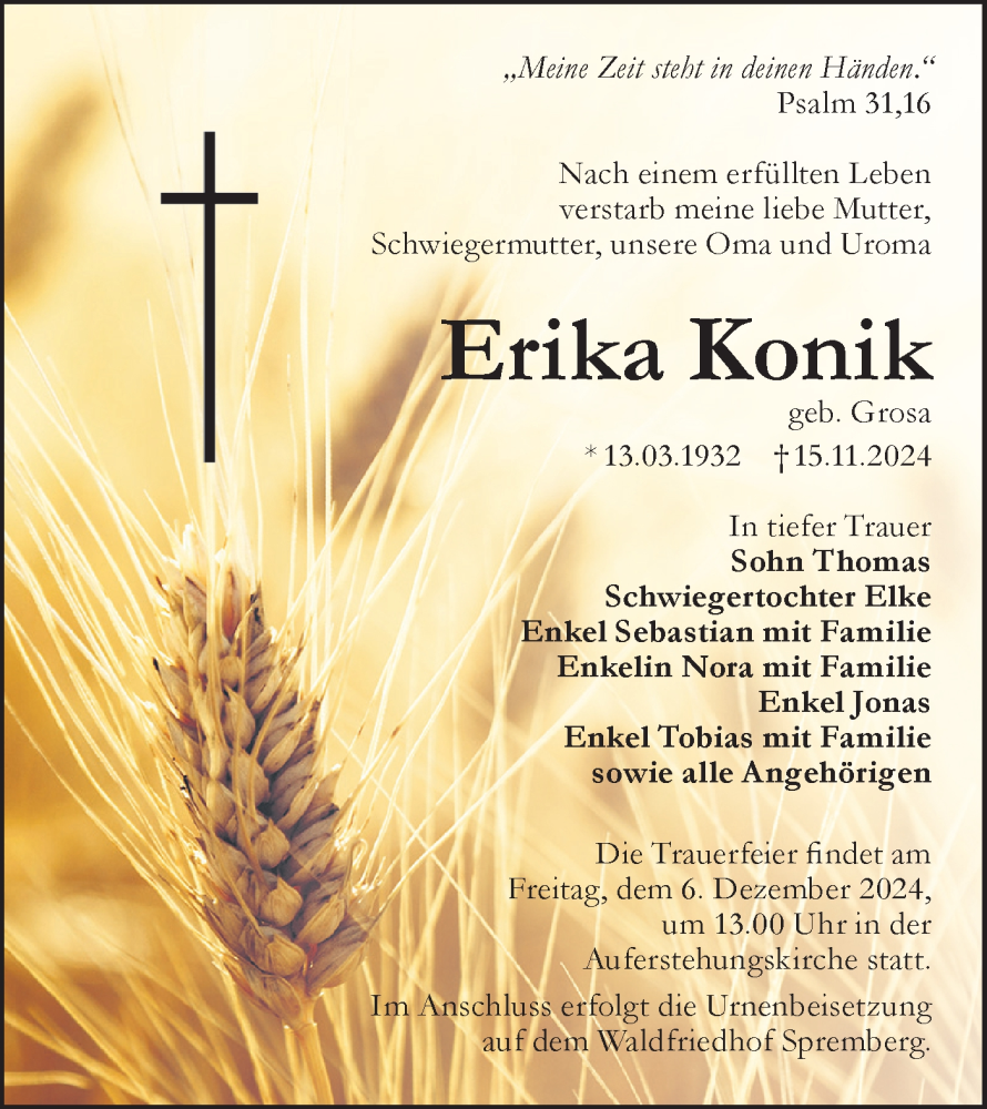  Traueranzeige für Erika Konik vom 28.11.2024 aus Lausitzer Rundschau
