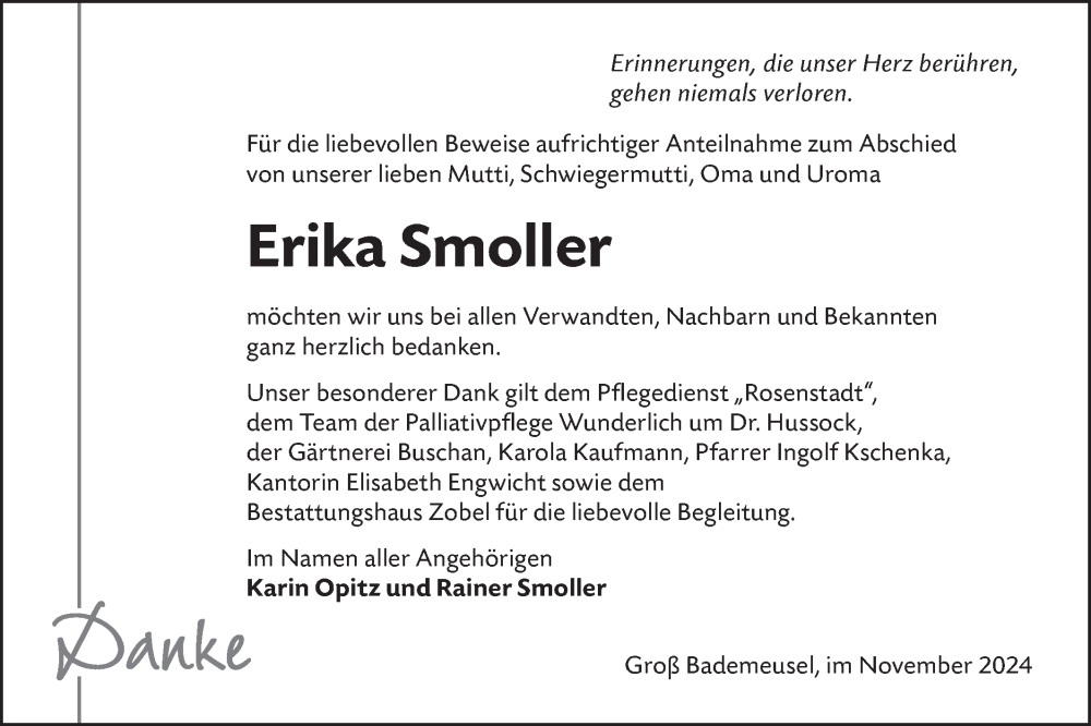  Traueranzeige für Erika Smoller vom 16.11.2024 aus Lausitzer Rundschau