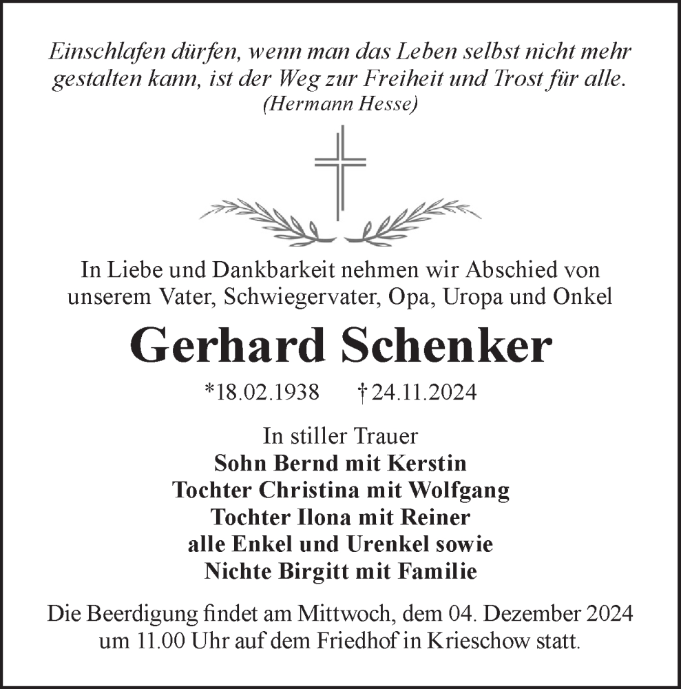  Traueranzeige für Gerhard Schenker vom 30.11.2024 aus Lausitzer Rundschau