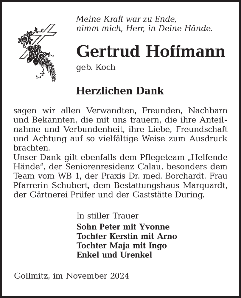  Traueranzeige für Gertrud Hoffmann vom 23.11.2024 aus Lausitzer Rundschau