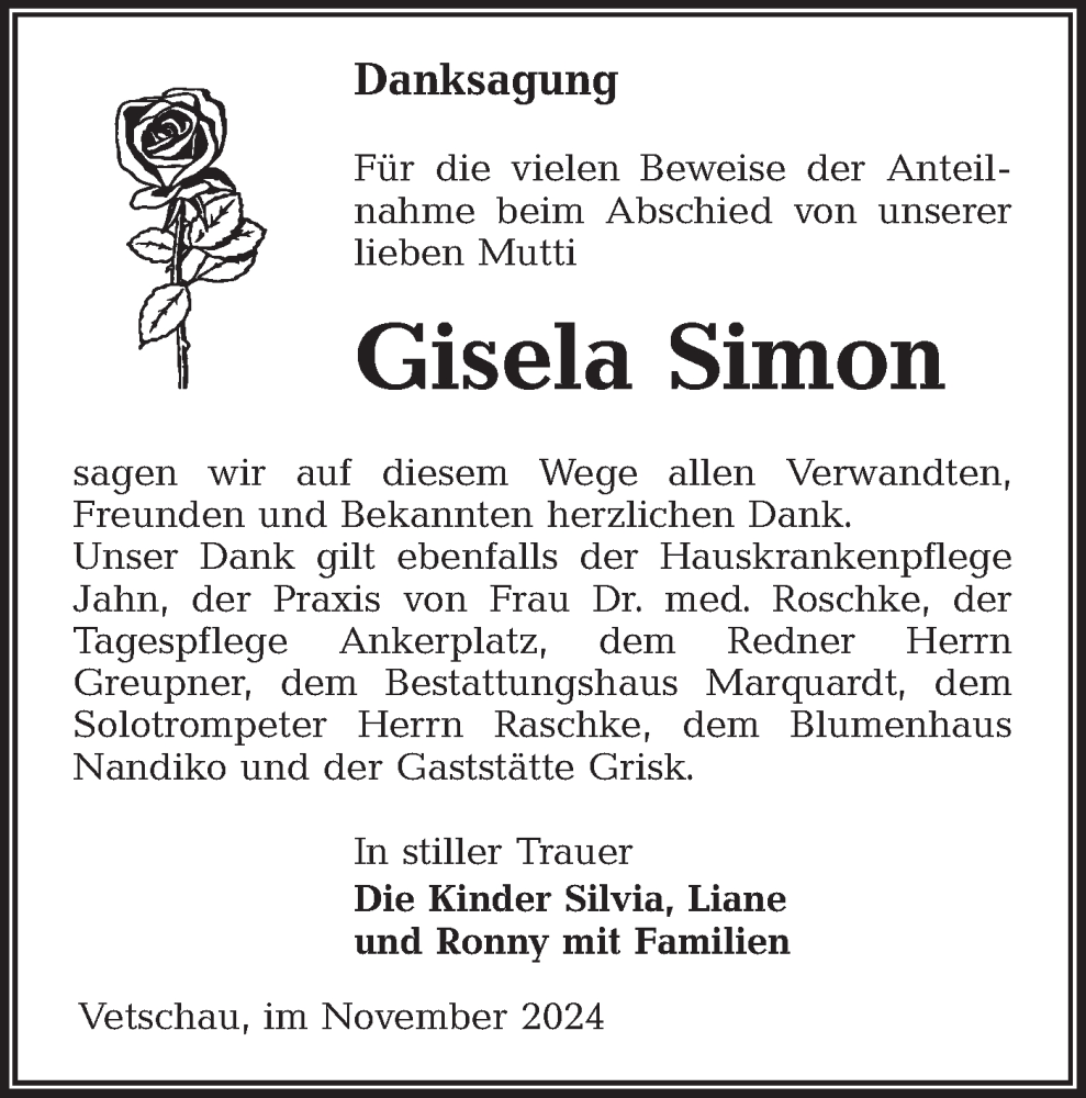  Traueranzeige für Gisela Simon vom 30.11.2024 aus Lausitzer Rundschau