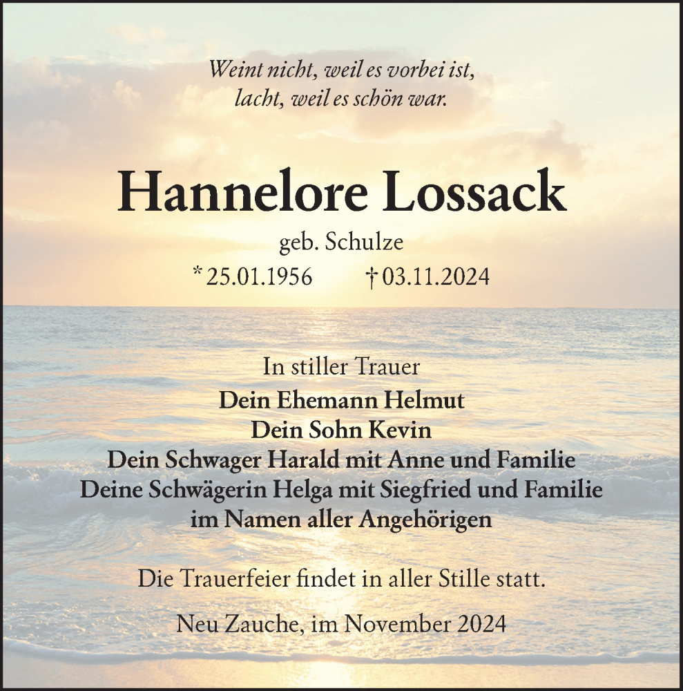  Traueranzeige für Hannelore Lossack vom 16.11.2024 aus Lausitzer Rundschau