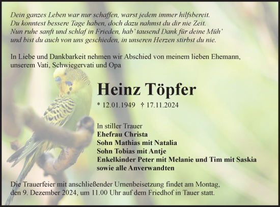 Traueranzeige von Heinz Töpfer von Lausitzer Rundschau