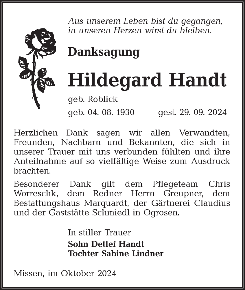  Traueranzeige für Hildegard Handt vom 01.11.2024 aus Lausitzer Rundschau