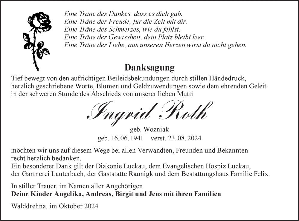  Traueranzeige für Ingrid Roth vom 02.11.2024 aus Lausitzer Rundschau