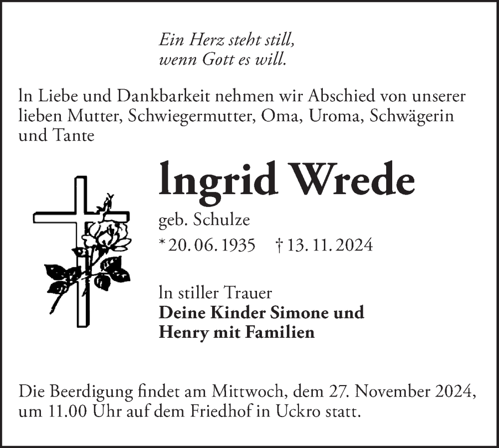  Traueranzeige für Ingrid Wrede vom 23.11.2024 aus Lausitzer Rundschau