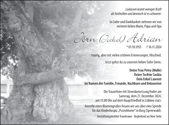 Traueranzeige von Jörn Adrian von Lausitzer Rundschau