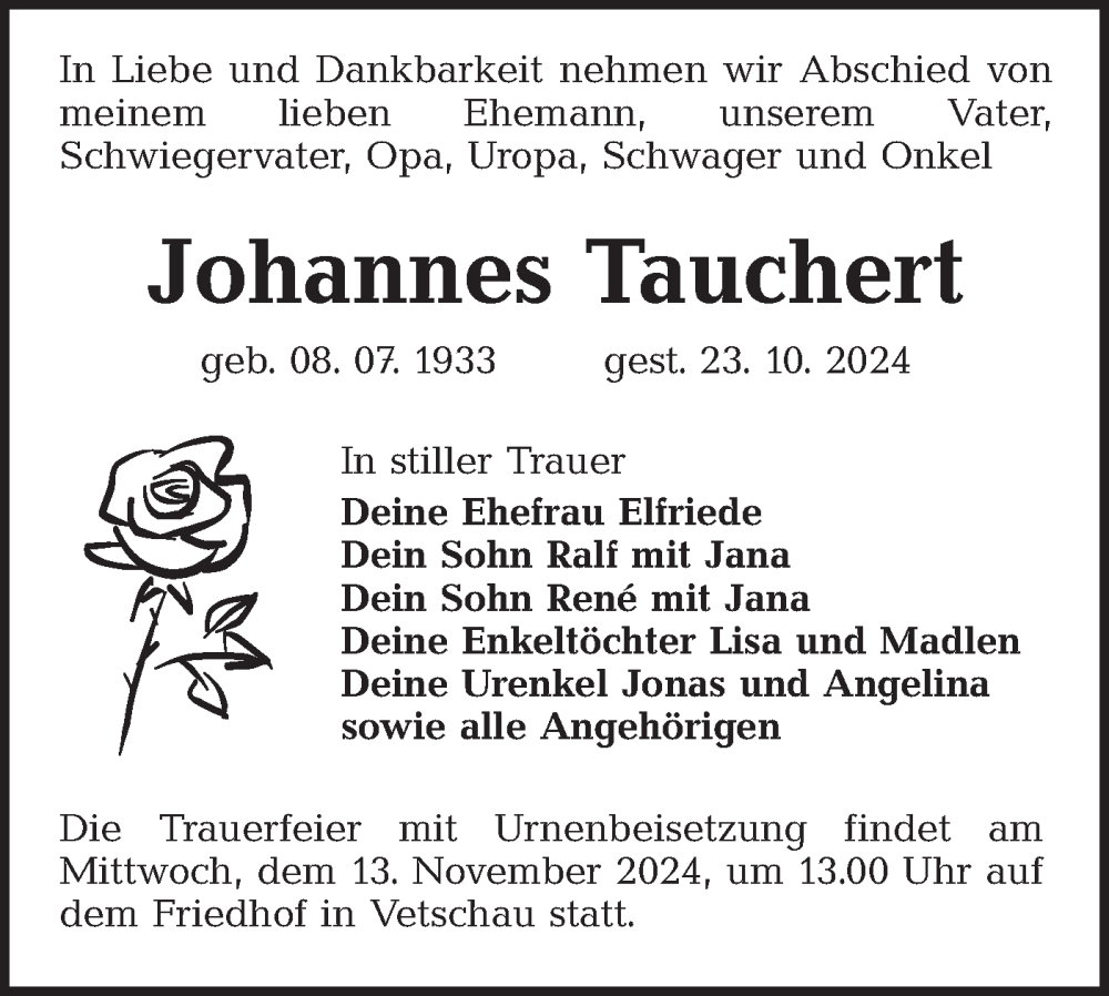  Traueranzeige für Johannes Tauchert vom 02.11.2024 aus Lausitzer Rundschau