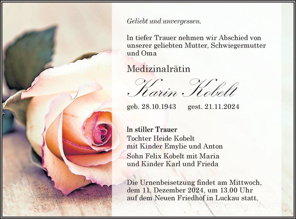  Traueranzeige für Karin Kobelt vom 30.11.2024 aus Lausitzer Rundschau
