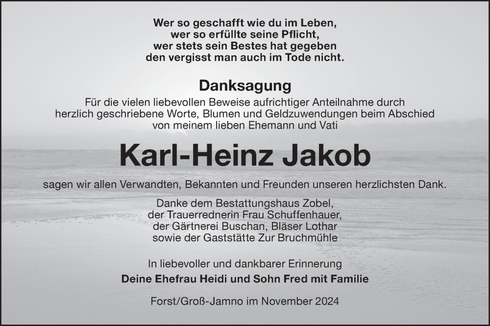  Traueranzeige für Karl-Heinz Jakob vom 16.11.2024 aus Lausitzer Rundschau