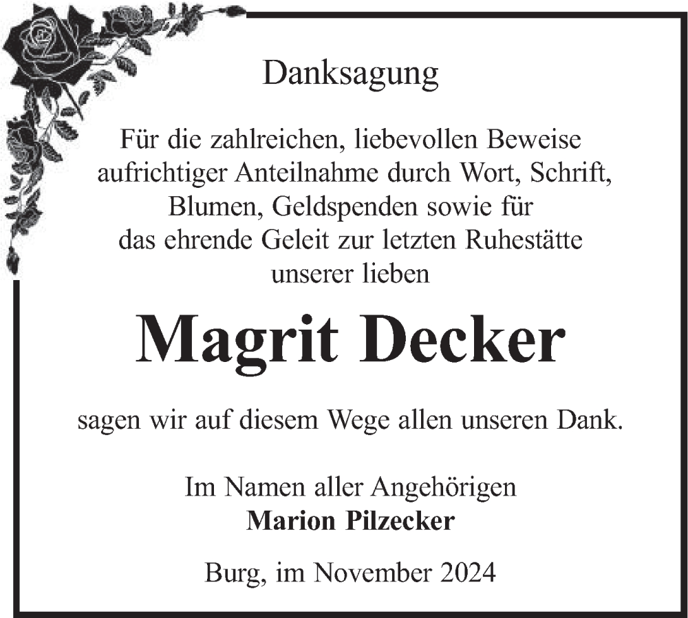  Traueranzeige für Magrit Decker vom 21.11.2024 aus Lausitzer Rundschau