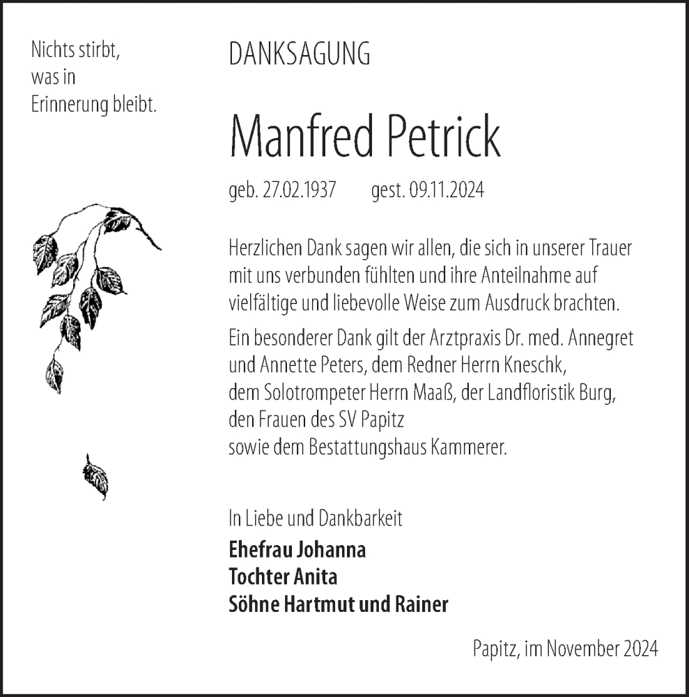  Traueranzeige für Manfred Petrick vom 30.11.2024 aus Lausitzer Rundschau