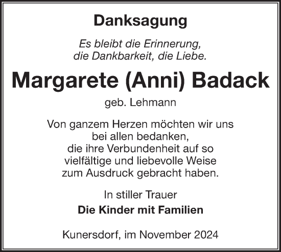 Traueranzeige von Margarete Badack von Lausitzer Rundschau