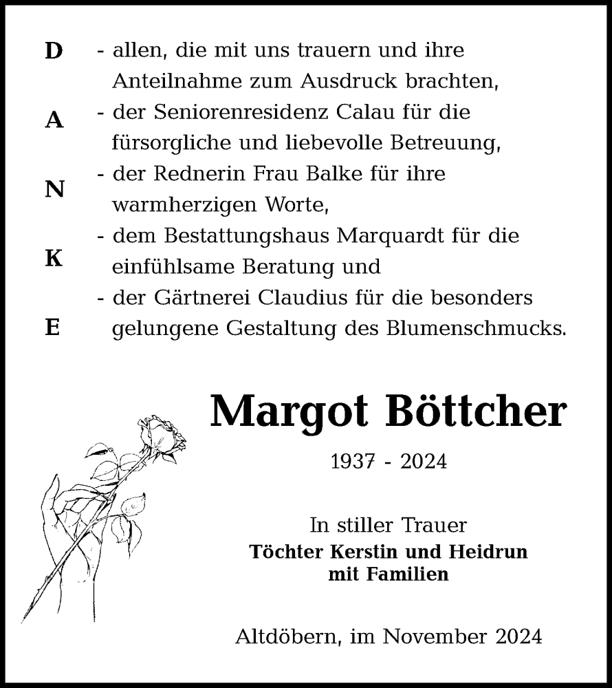 Traueranzeige für Margot Böttcher vom 09.11.2024 aus Lausitzer Rundschau