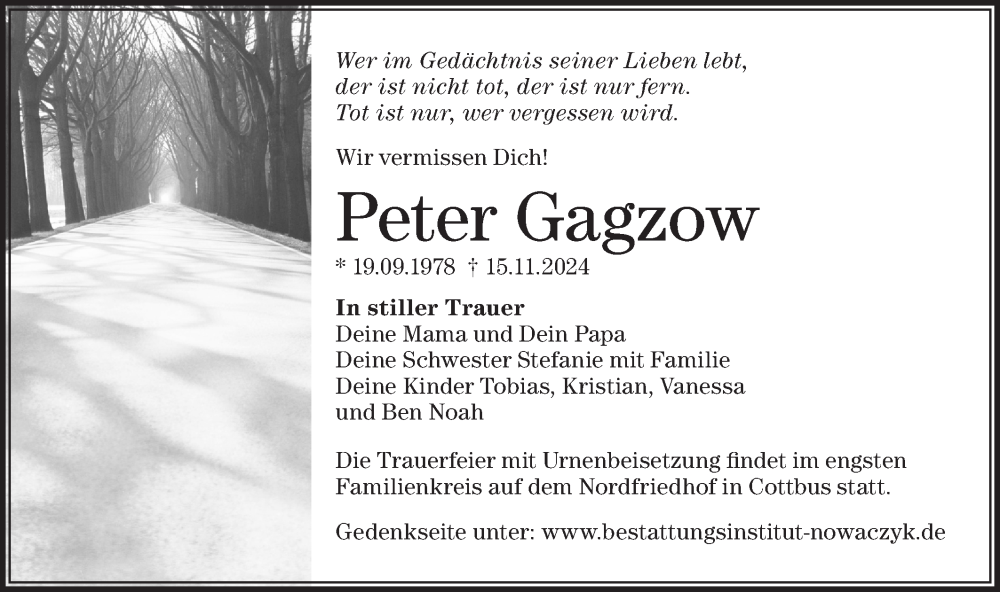  Traueranzeige für Peter Gagzow vom 30.11.2024 aus Lausitzer Rundschau