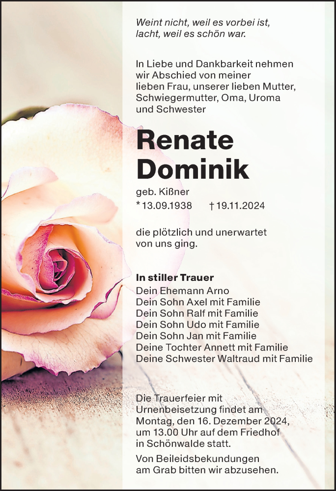  Traueranzeige für Renate Dominik vom 30.11.2024 aus Lausitzer Rundschau