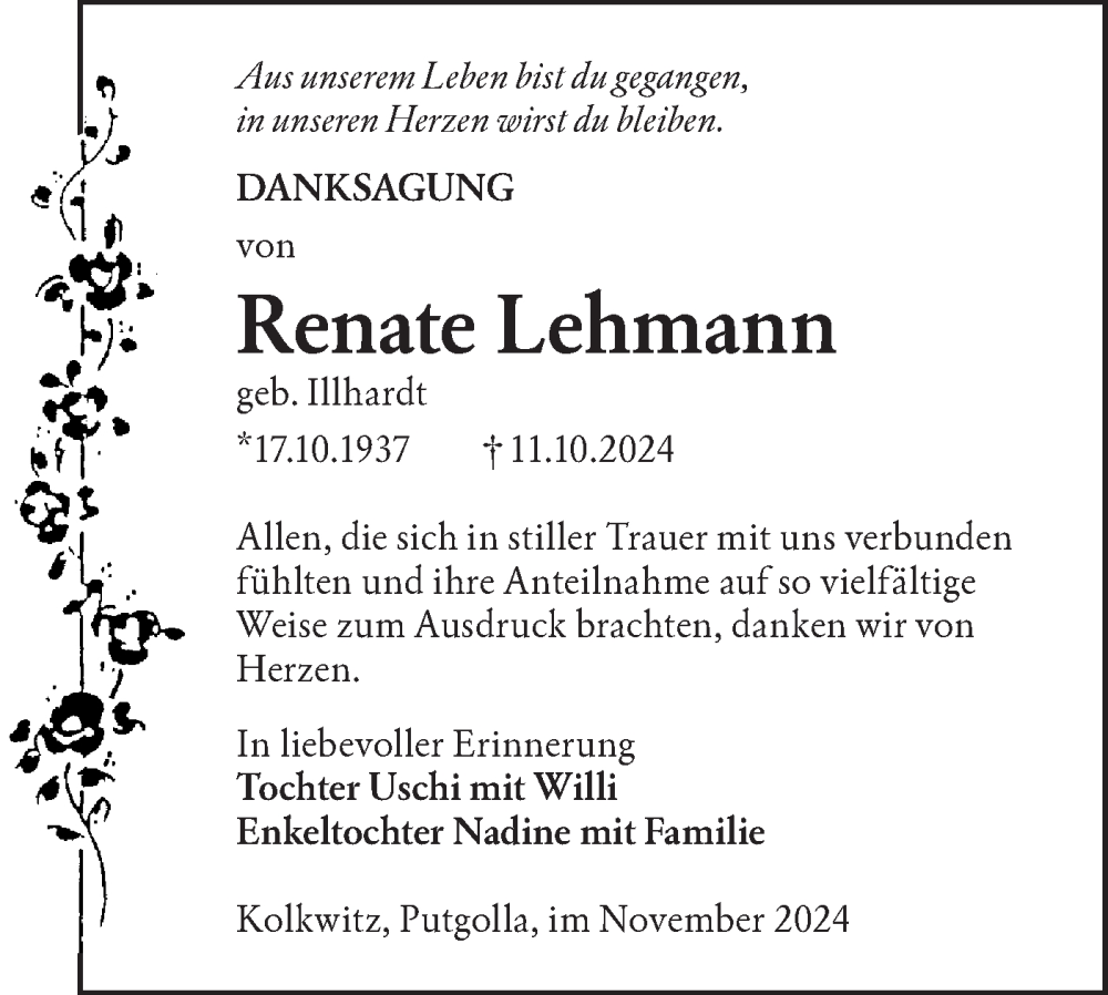  Traueranzeige für Renate Lehmann vom 09.11.2024 aus Lausitzer Rundschau