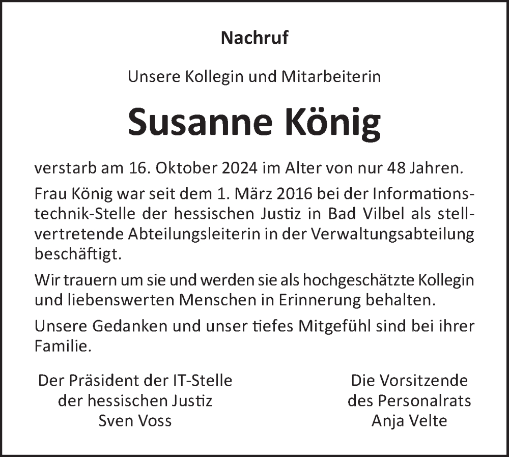  Traueranzeige für Susanne König vom 09.11.2024 aus Lausitzer Rundschau