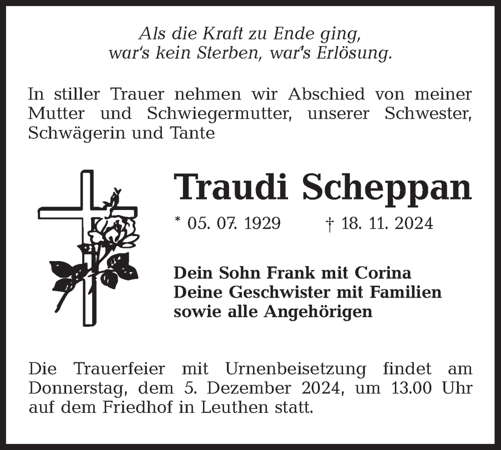  Traueranzeige für Traudi Scheppan vom 30.11.2024 aus Lausitzer Rundschau