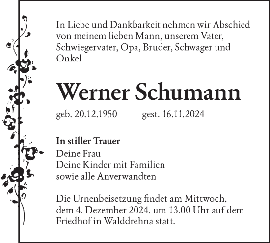 Traueranzeige von Werner Schumann von Lausitzer Rundschau