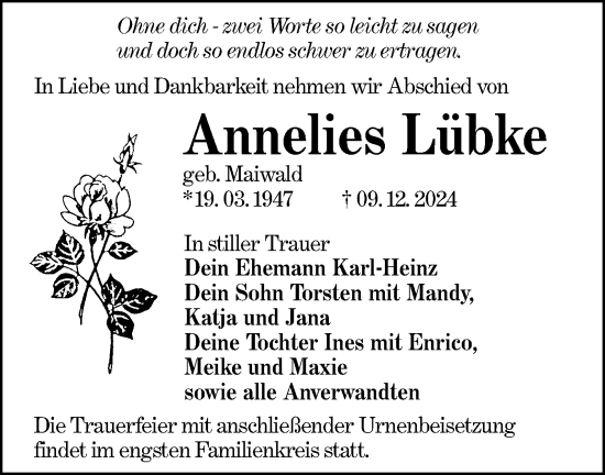 Traueranzeige von Annelies Lübke von Lausitzer Rundschau