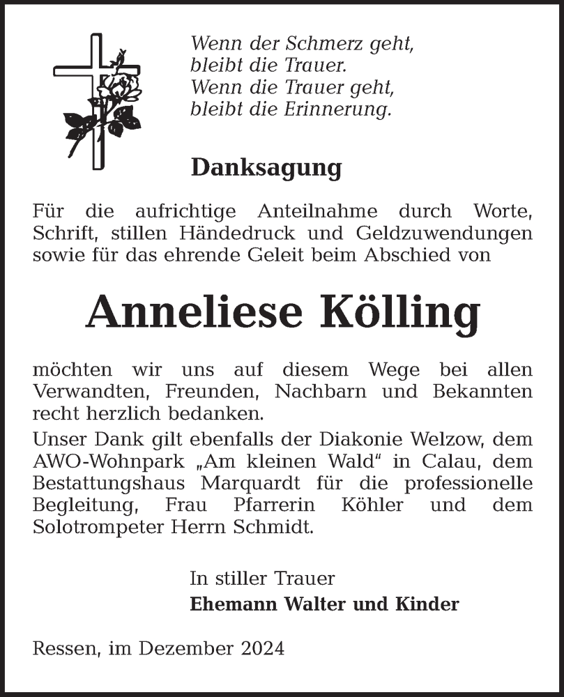  Traueranzeige für Anneliese Kölling vom 21.12.2024 aus Lausitzer Rundschau