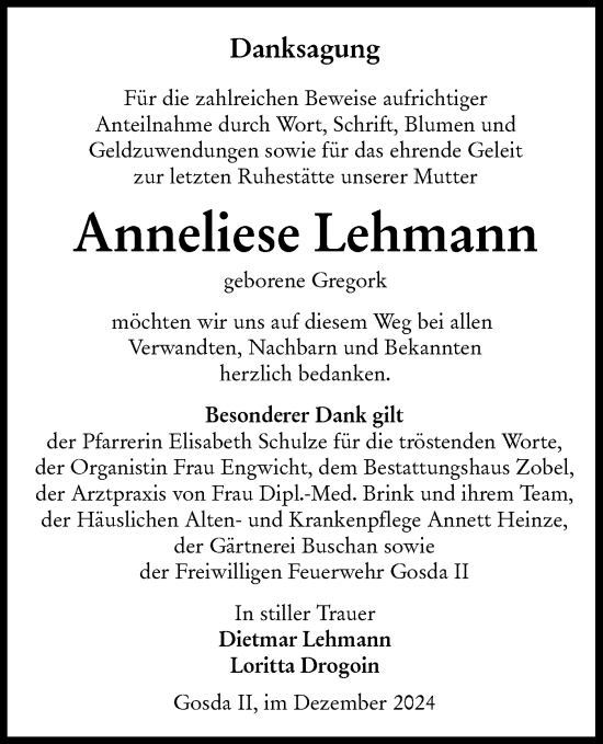 Traueranzeige von Anneliese Lehmann von Lausitzer Rundschau