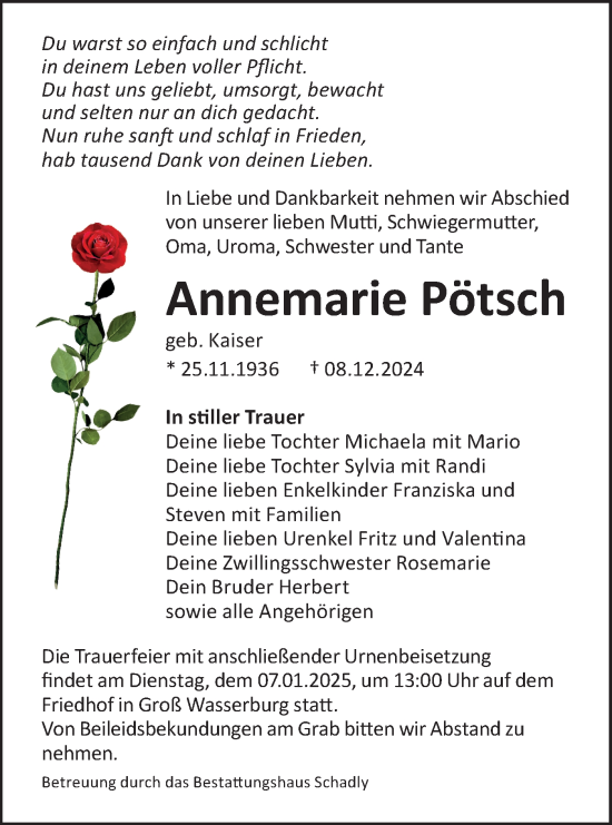 Traueranzeige von Annemarie Pötsch von Lausitzer Rundschau