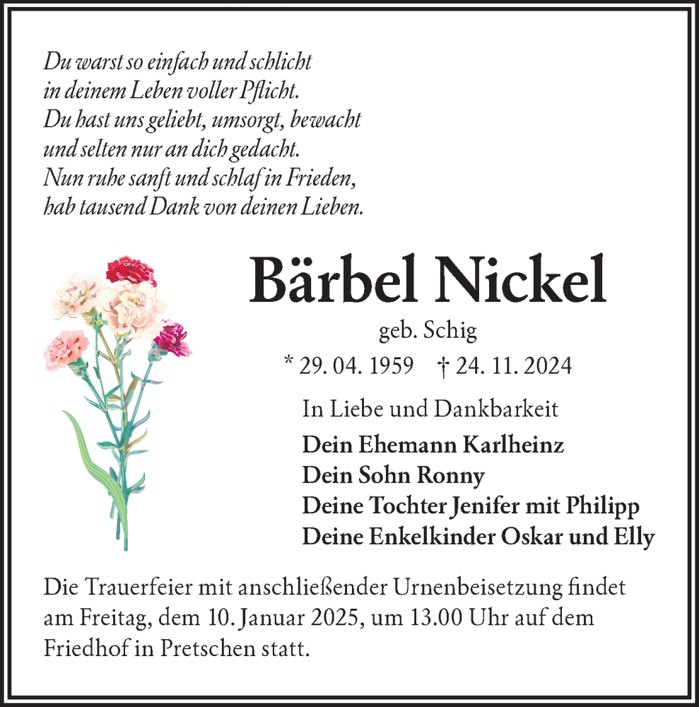  Traueranzeige für Bärbel Nickel vom 28.12.2024 aus Lausitzer Rundschau