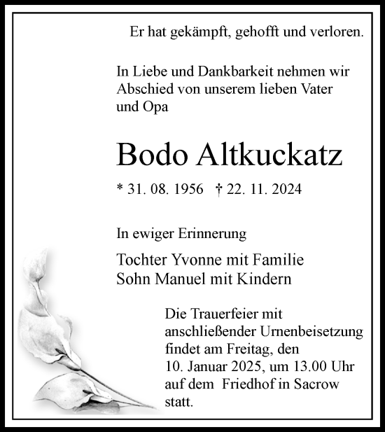 Traueranzeige von Bodo Altkuckatz von Lausitzer Rundschau