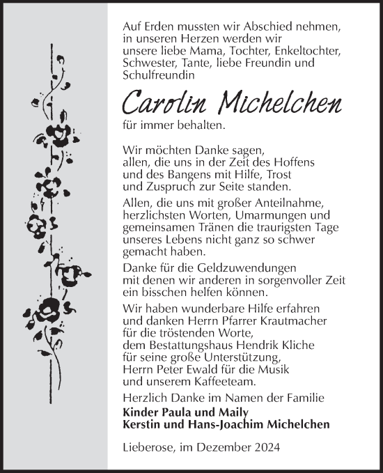 Traueranzeige von Carolin Michelchen von Lausitzer Rundschau