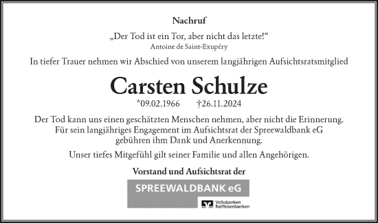 Traueranzeige von Carsten Schulze von Lausitzer Rundschau