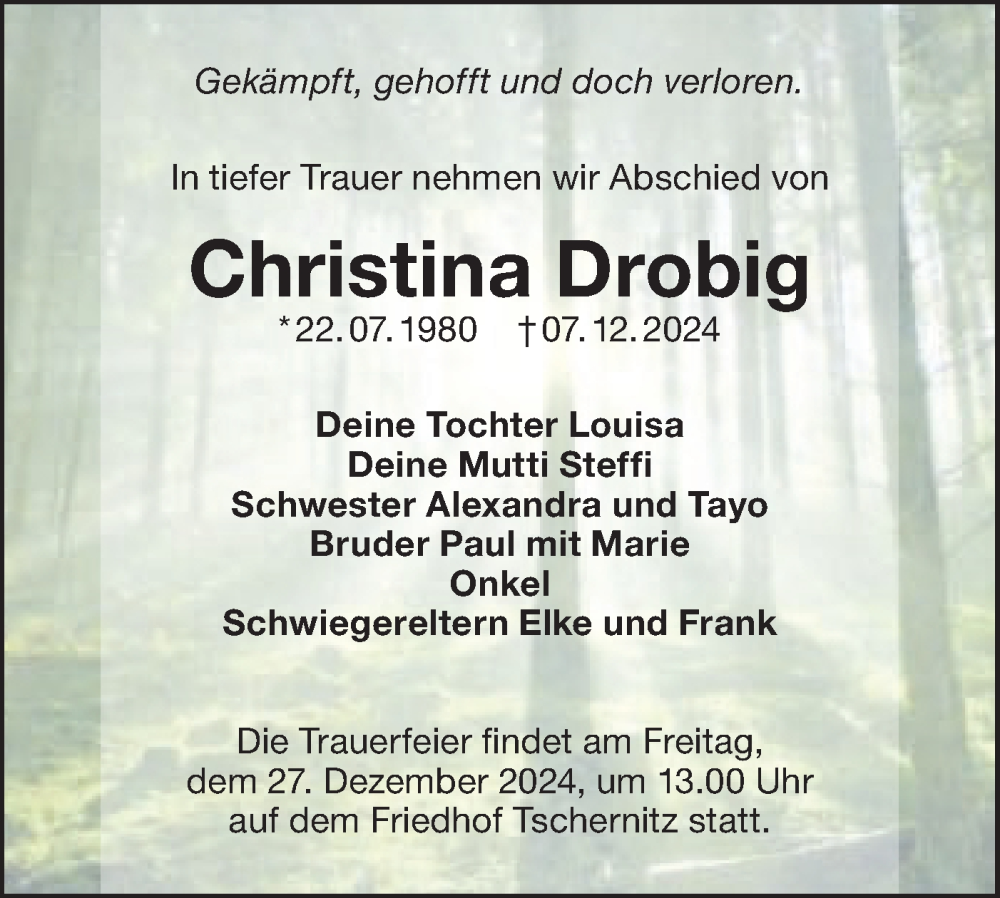  Traueranzeige für Christina Drobig vom 21.12.2024 aus Lausitzer Rundschau