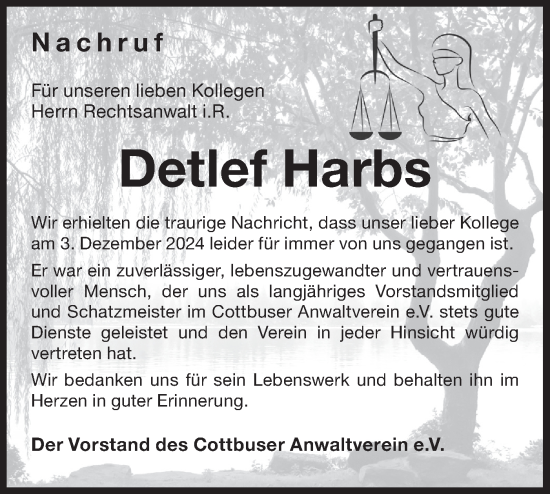 Traueranzeige von Detlef Harbs von Lausitzer Rundschau