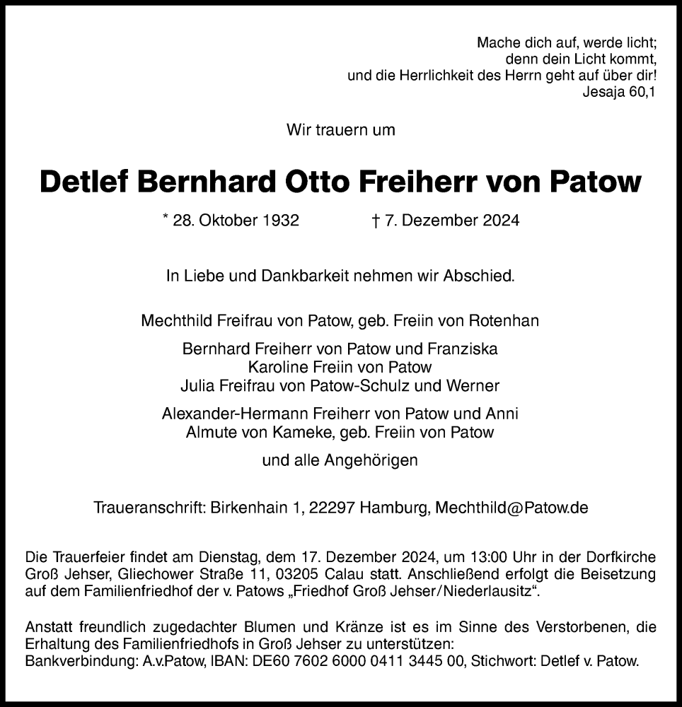 Traueranzeige für Detlef Bernhard Otto Freiherr von Patow vom 13.12.2024 aus Lausitzer Rundschau