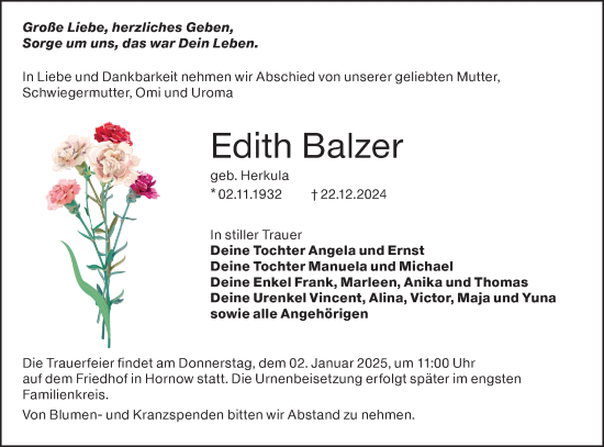 Traueranzeige von Edith Balzer von Lausitzer Rundschau