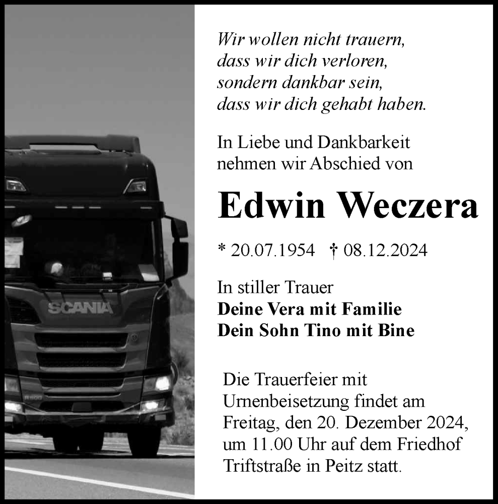  Traueranzeige für Edwin Weczera vom 14.12.2024 aus Lausitzer Rundschau