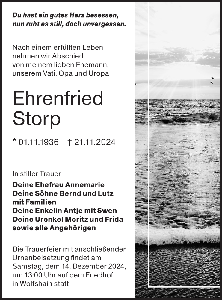  Traueranzeige für Ehrenfried Storp vom 07.12.2024 aus Lausitzer Rundschau