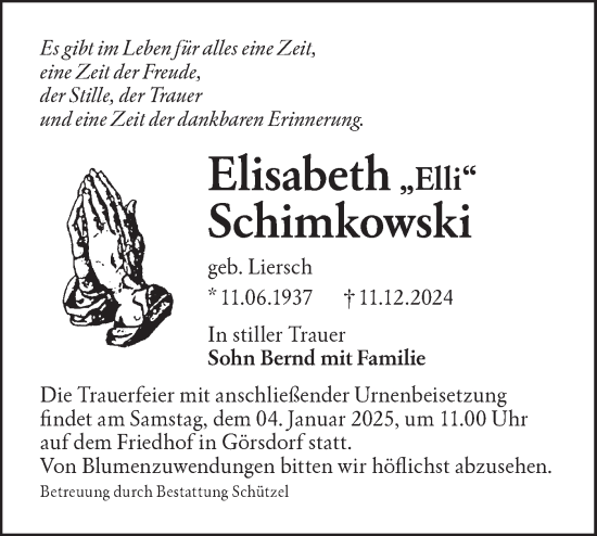 Traueranzeige von Elisabeth Schimkowski von Lausitzer Rundschau