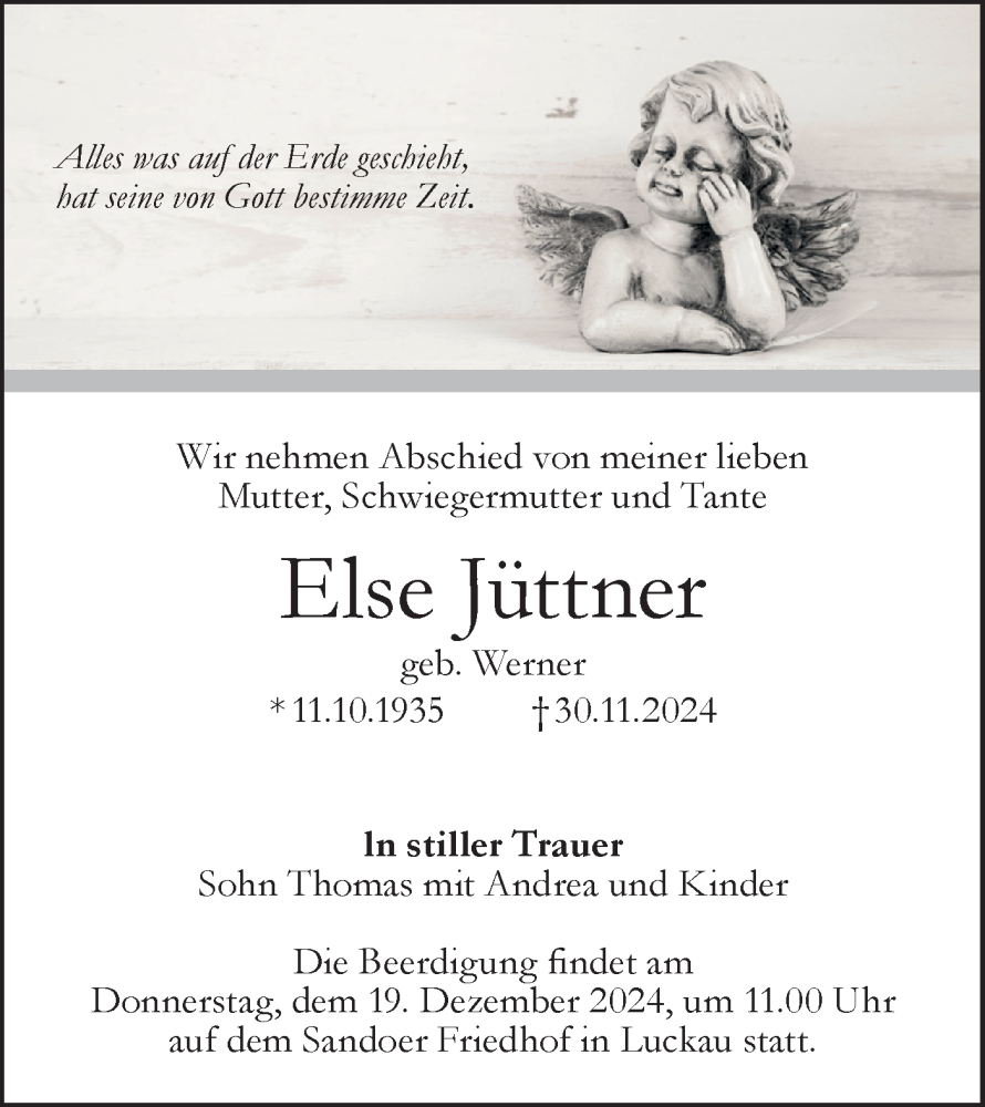  Traueranzeige für Else Jüttner vom 07.12.2024 aus Lausitzer Rundschau