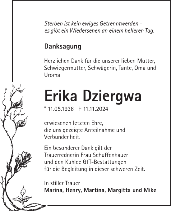 Traueranzeige von Erika Dziergwa von Lausitzer Rundschau