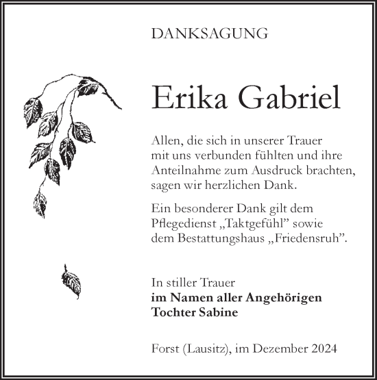 Traueranzeige von Erika Gabriel von Lausitzer Rundschau
