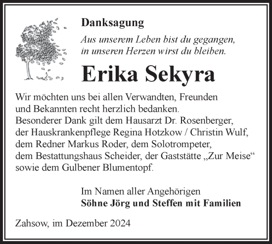 Traueranzeige von Erika Sekyra von Lausitzer Rundschau