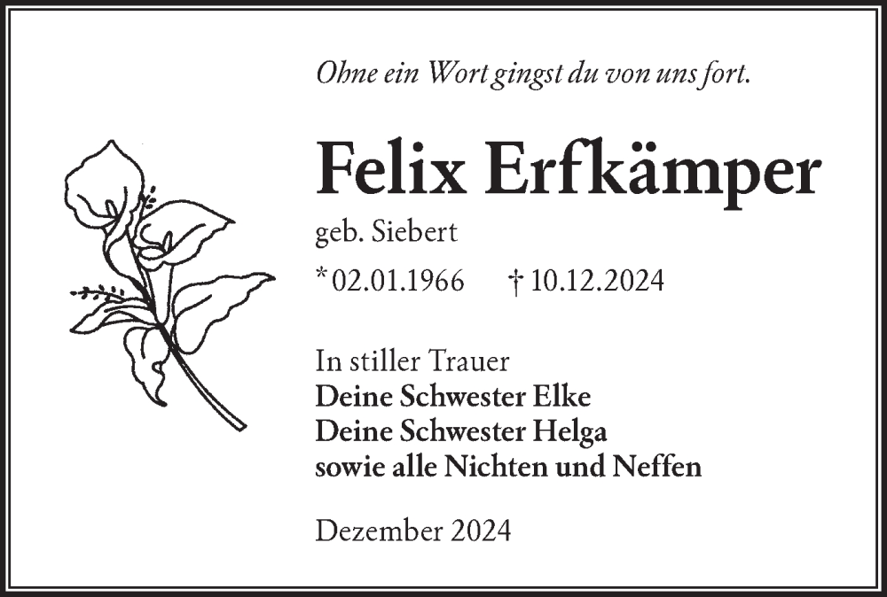  Traueranzeige für Felix Erfkämper vom 21.12.2024 aus Lausitzer Rundschau