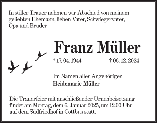 Traueranzeige von Franz Müller von Lausitzer Rundschau