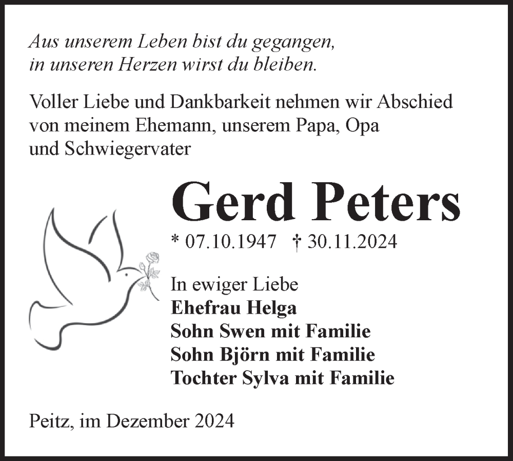  Traueranzeige für Gerd Peters vom 21.12.2024 aus Lausitzer Rundschau