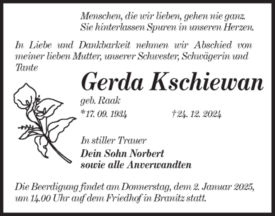 Traueranzeige von Gerda Kschiewan von Lausitzer Rundschau