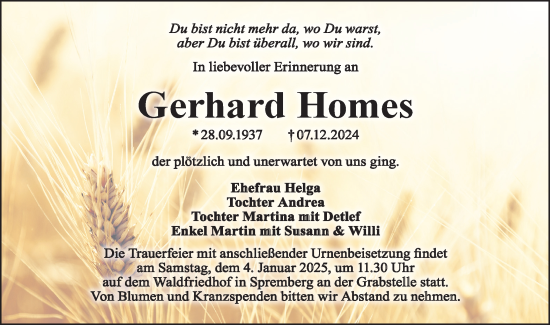 Traueranzeige von Gerhard Homes von Lausitzer Rundschau